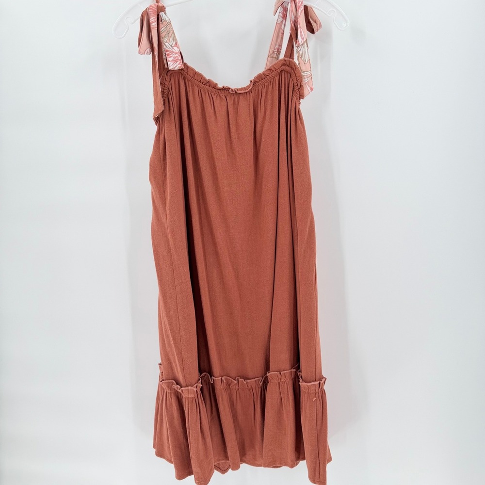 HEM & THREAD Linen Blend Tie Strap Ruffle Mini Dress Rust Large New With Tags